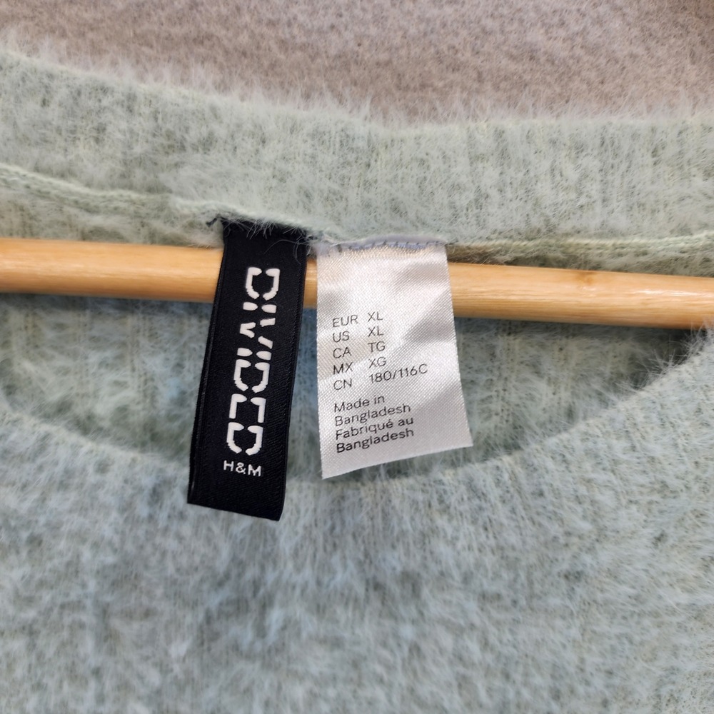 H&M Divided Fuzzy Eyelash Knit Cropped Sweater Mint Green Split Flare Cuff XL - Picture 2 of 12
